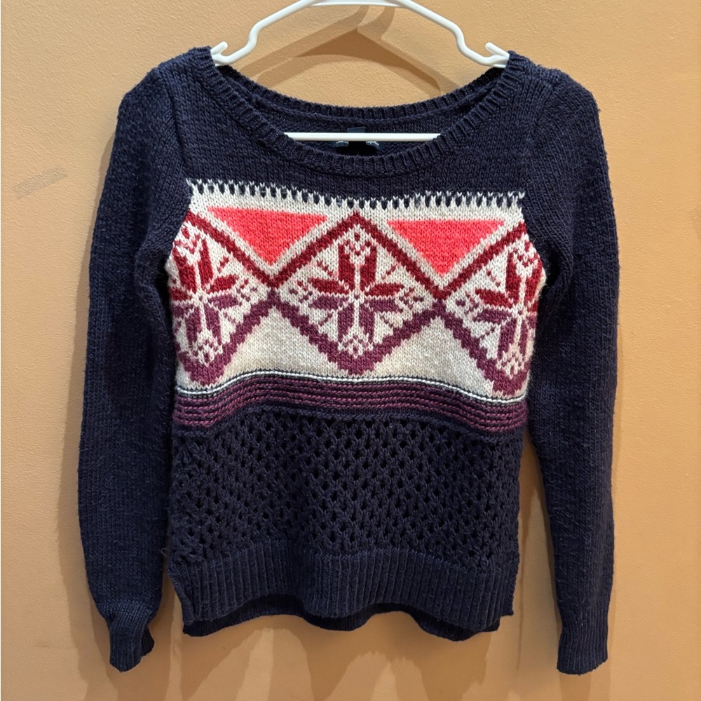American Eagle outfitters Navy and Red Patterned Open Knit Bottom Sweater XS